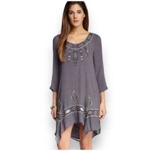 NWT MONORENO Boho Gray Embroidered 70's Style Scoop Neck Hippie Dress S